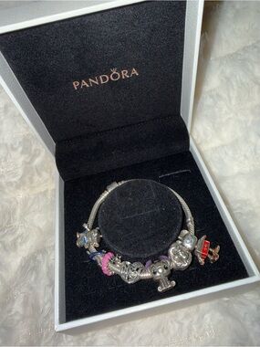 Pandora Silver Bracelet with Pink, Purple, Blue and Red Enamel Charms